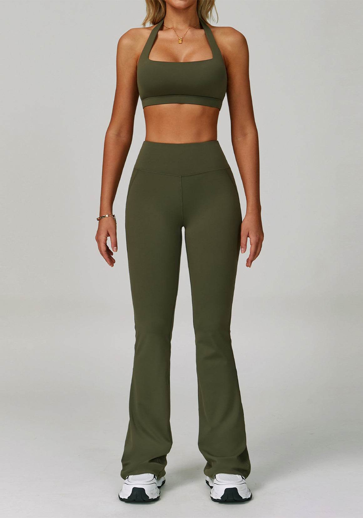 Activewear Set with Halter Sports Bra and Flared Pant