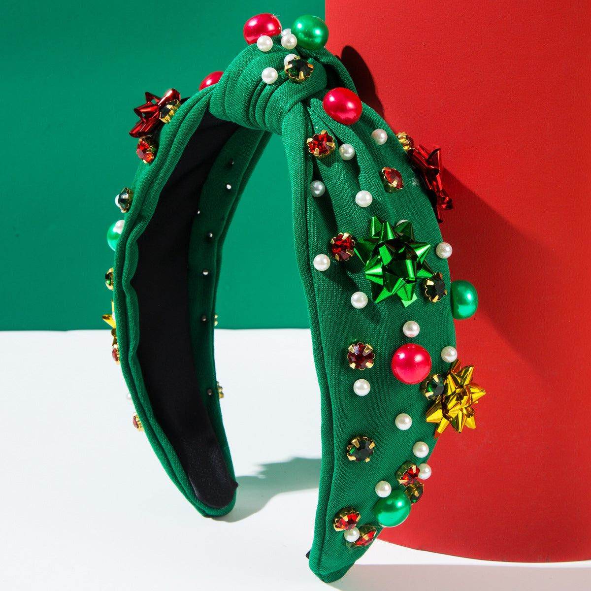 Christmas Knotted Headband with Embellished Crystals and Pearls