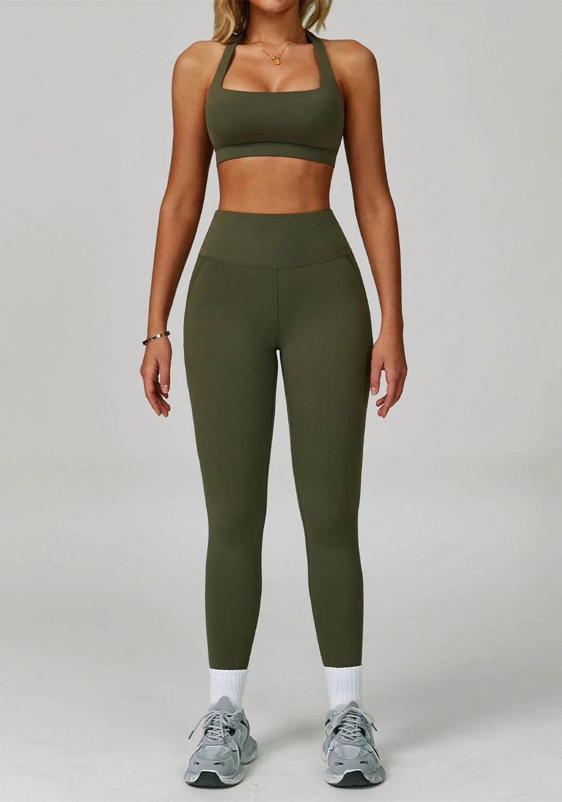 Activewear Set with Halter Sports Bra and Legging - Green