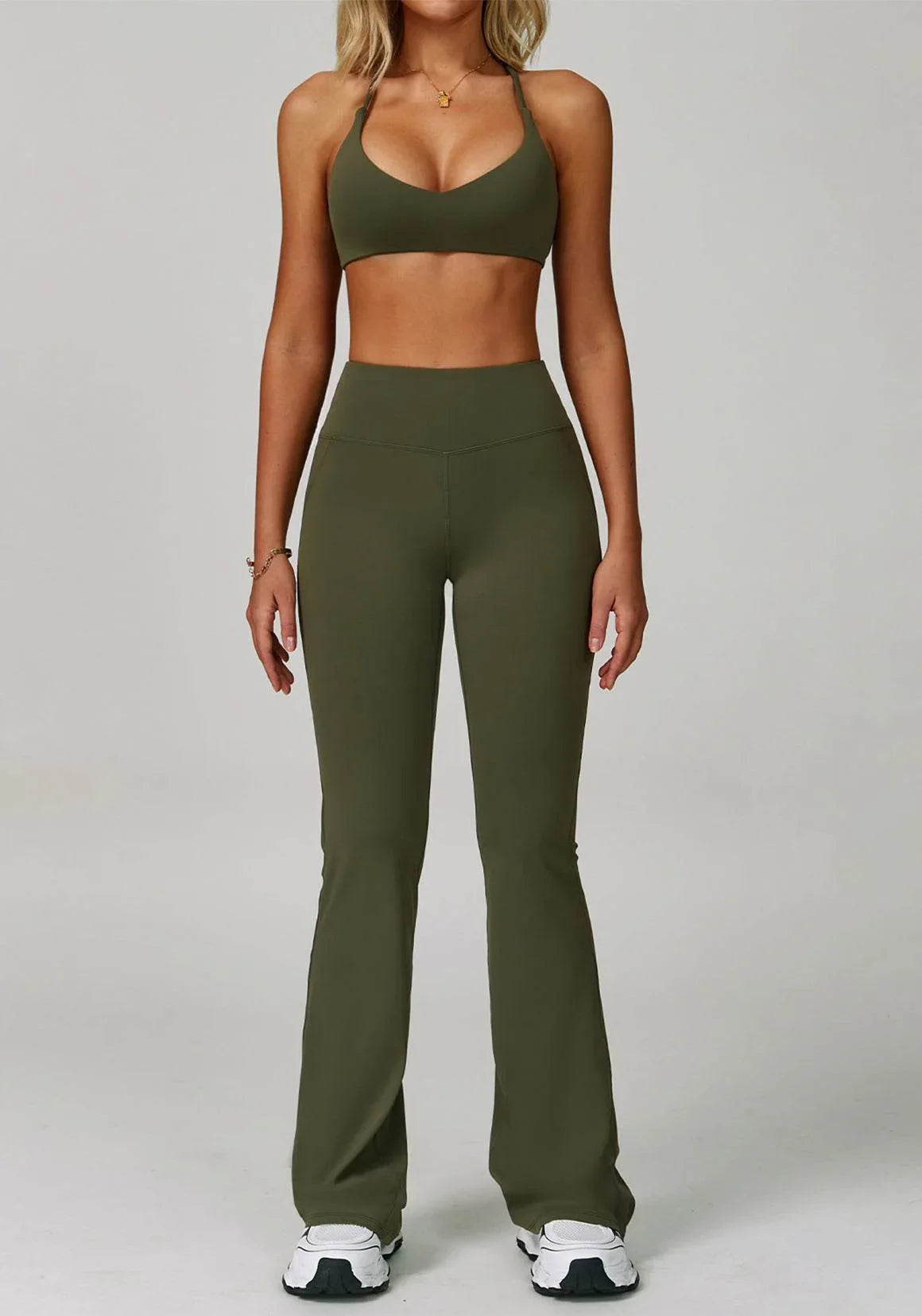 Activewear Set with Cross Back Sports Bra and Flared Pant - Green