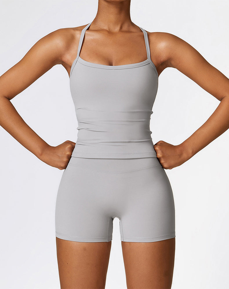 Athletic Wear with Criss Cross Back Tank Top and Short - Gray