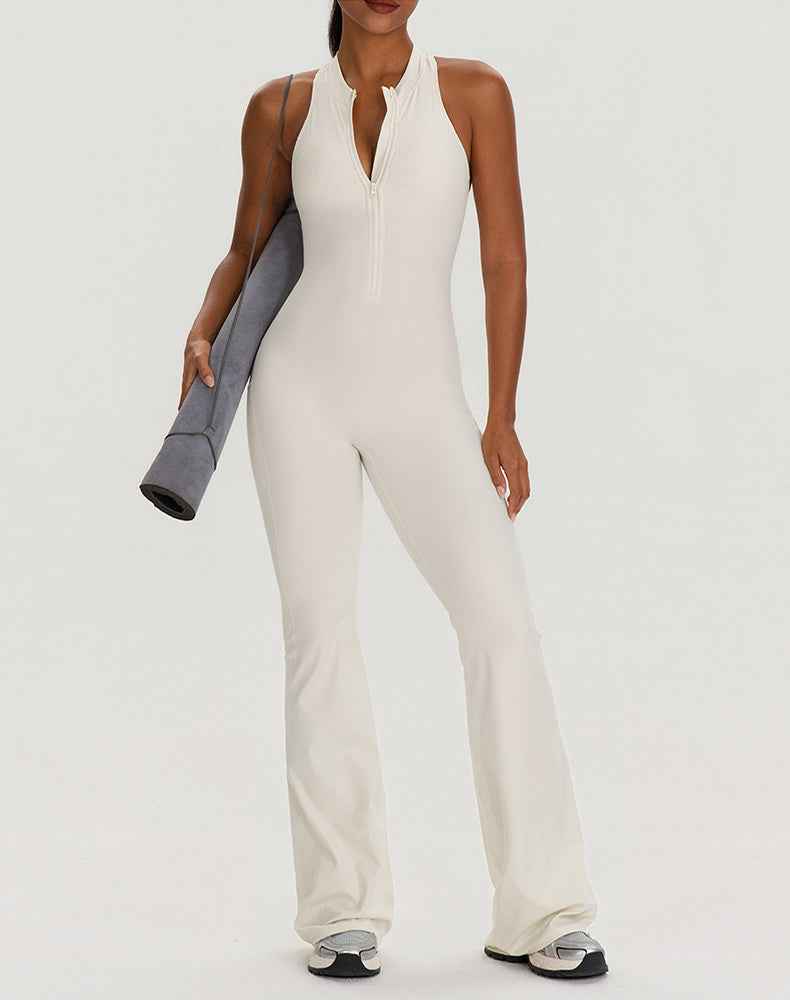 Zipper Racerback Yoga Bodysuit Flare Jumpsuit with Pockets