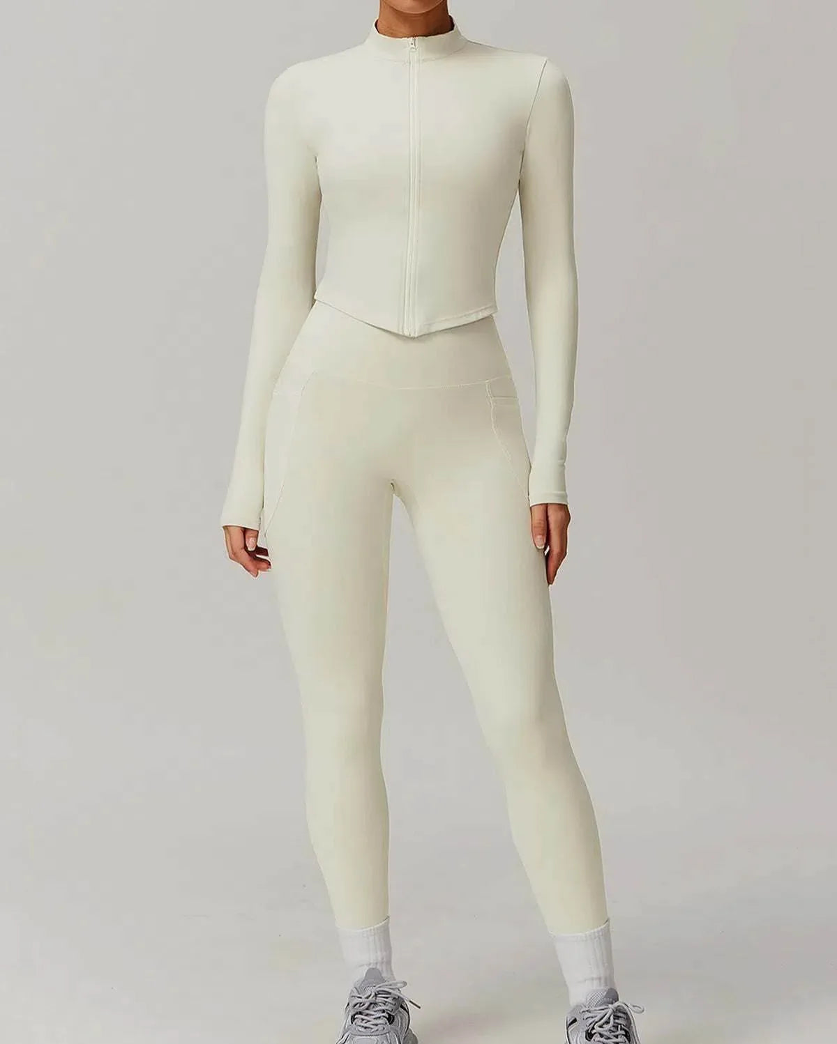 Solid Yoga Set With Sports Jacket and Legging - Cream Apricot