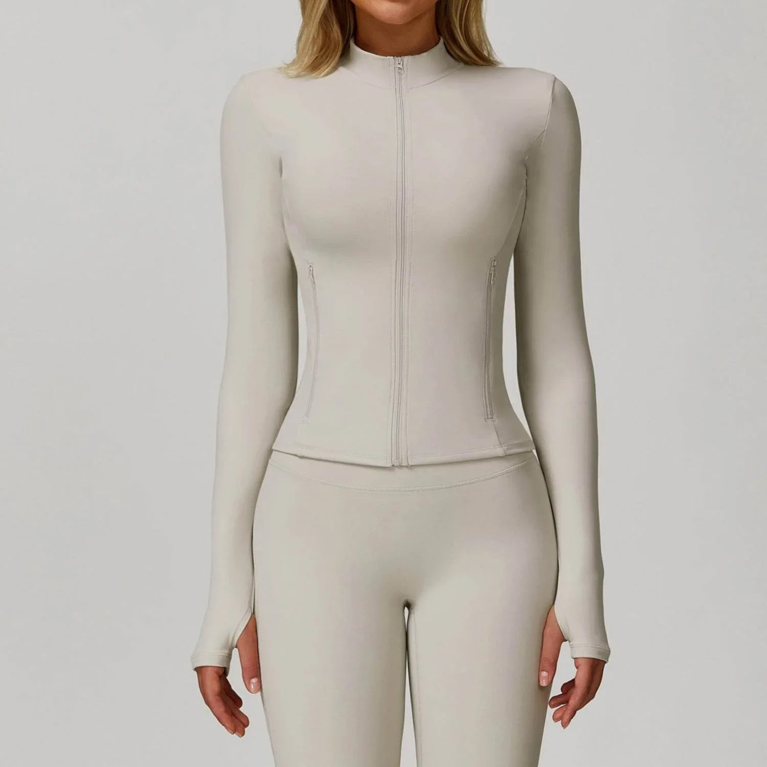 Zip Up Workout Jacket Long Sleeve Athletic Coat with Pockets - Gray Apricot
