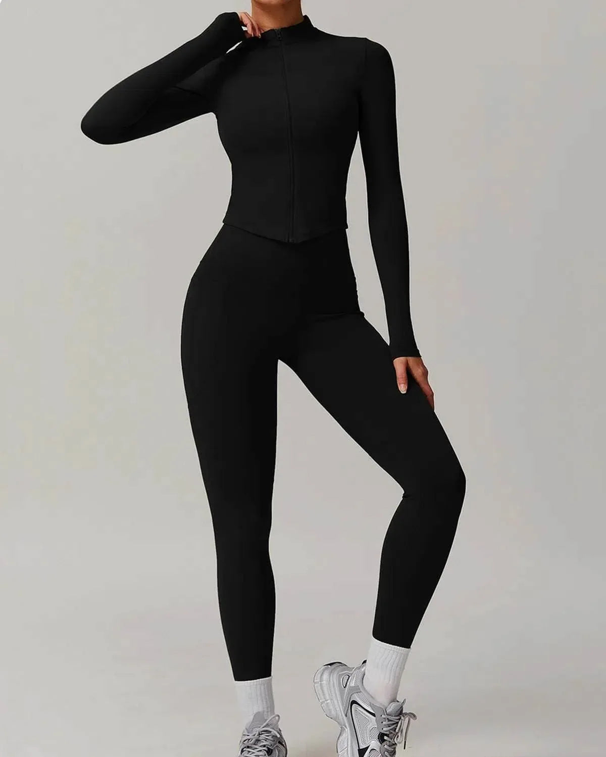 Solid Yoga Set With Sports Jacket and Legging - Black