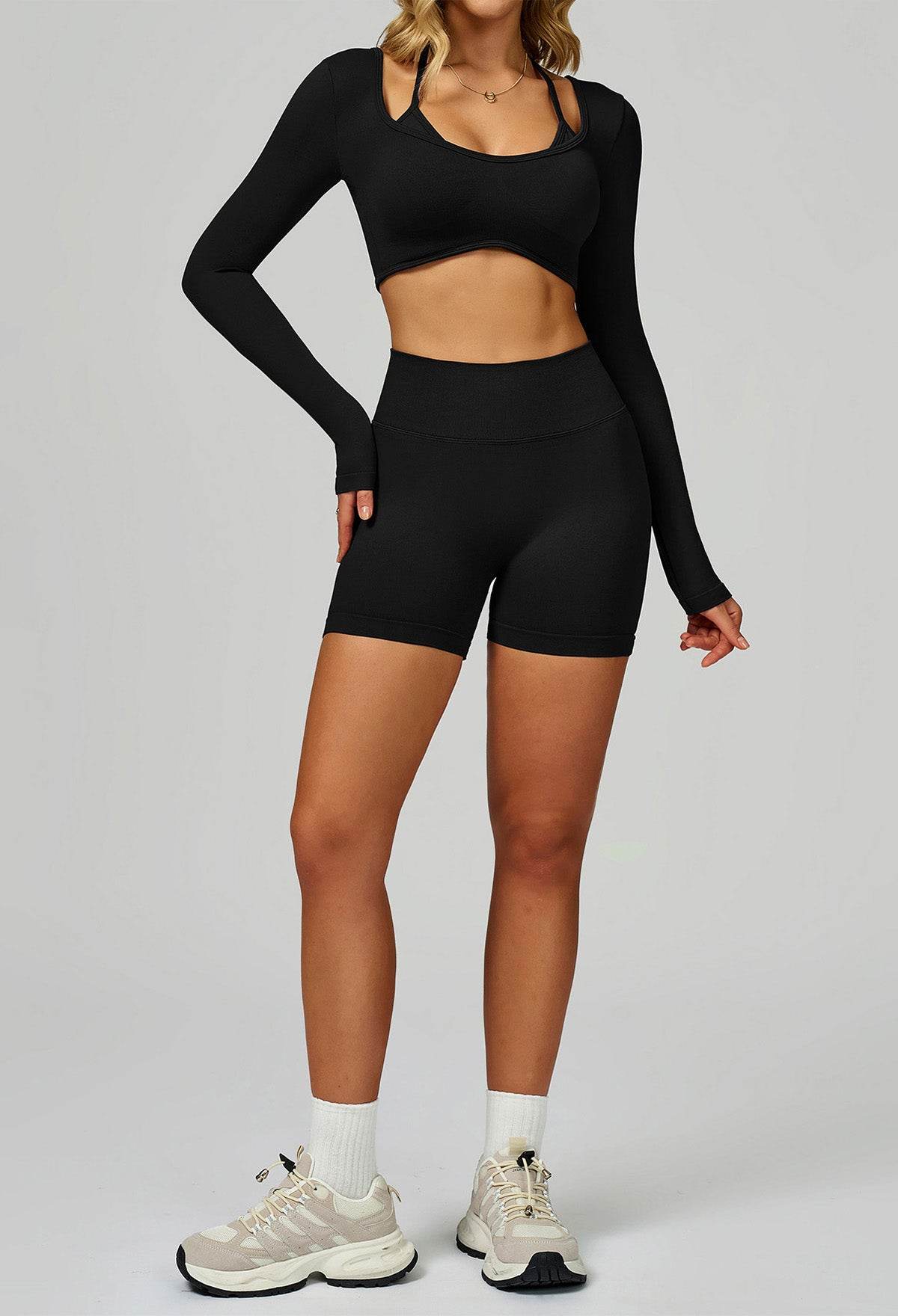 Sport Set with Color Block Long Sleeve T-Shirt and Short