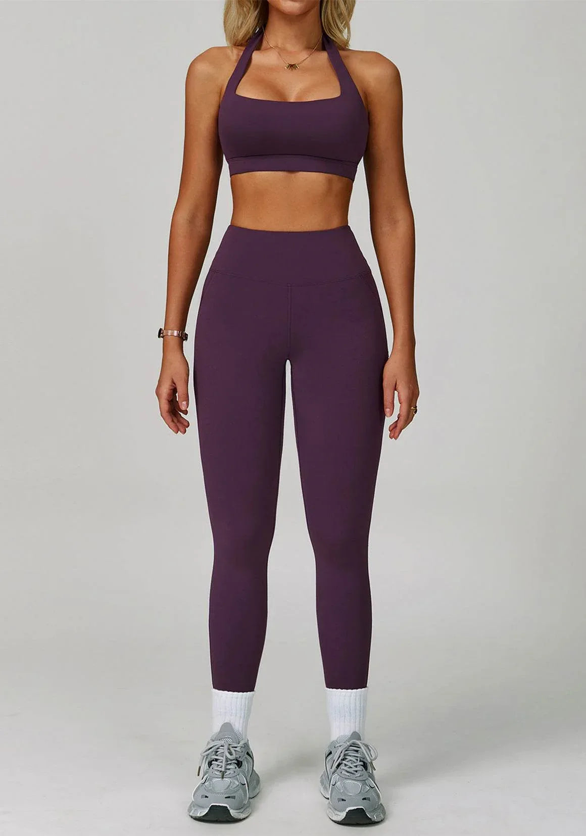 Activewear Set with Halter Sports Bra and Legging - Purple