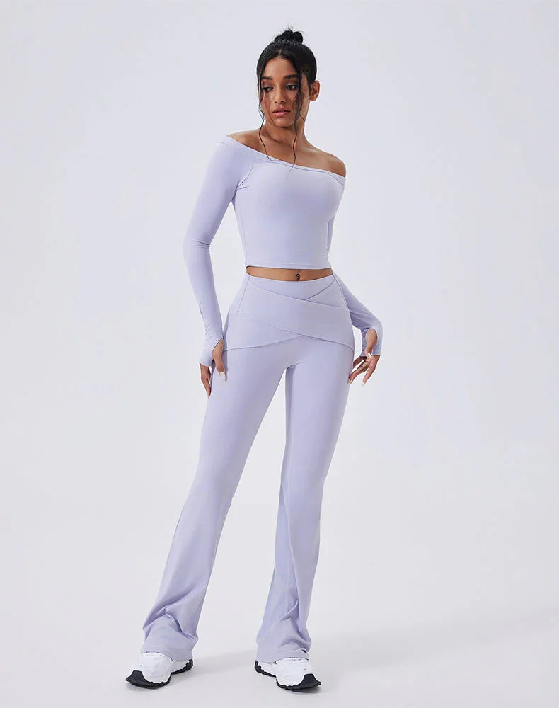 Activewear Set with Off-Shoulder Top and Flare Pant