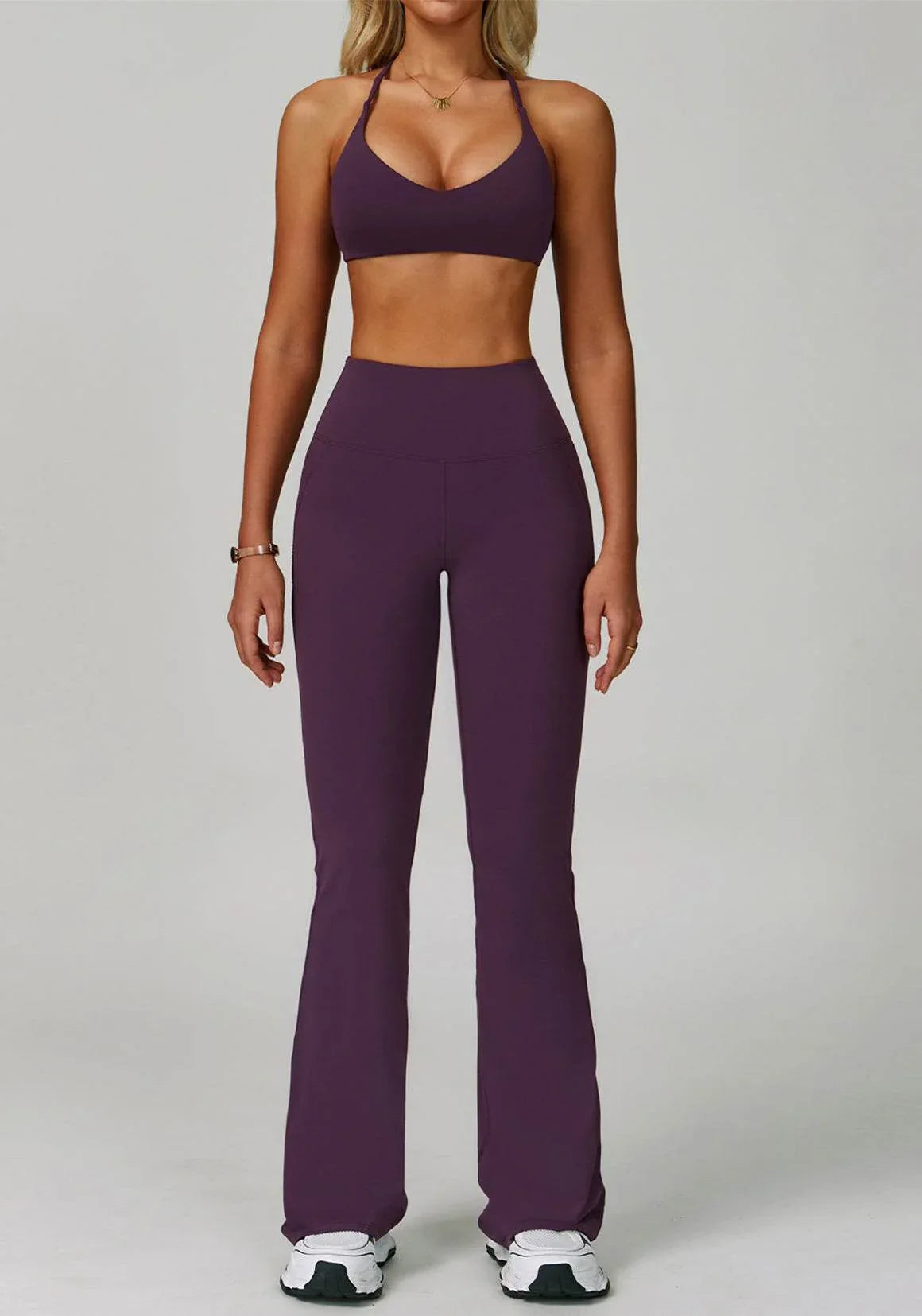 Activewear Set with Cross Back Sports Bra and Flared Pant - Purple