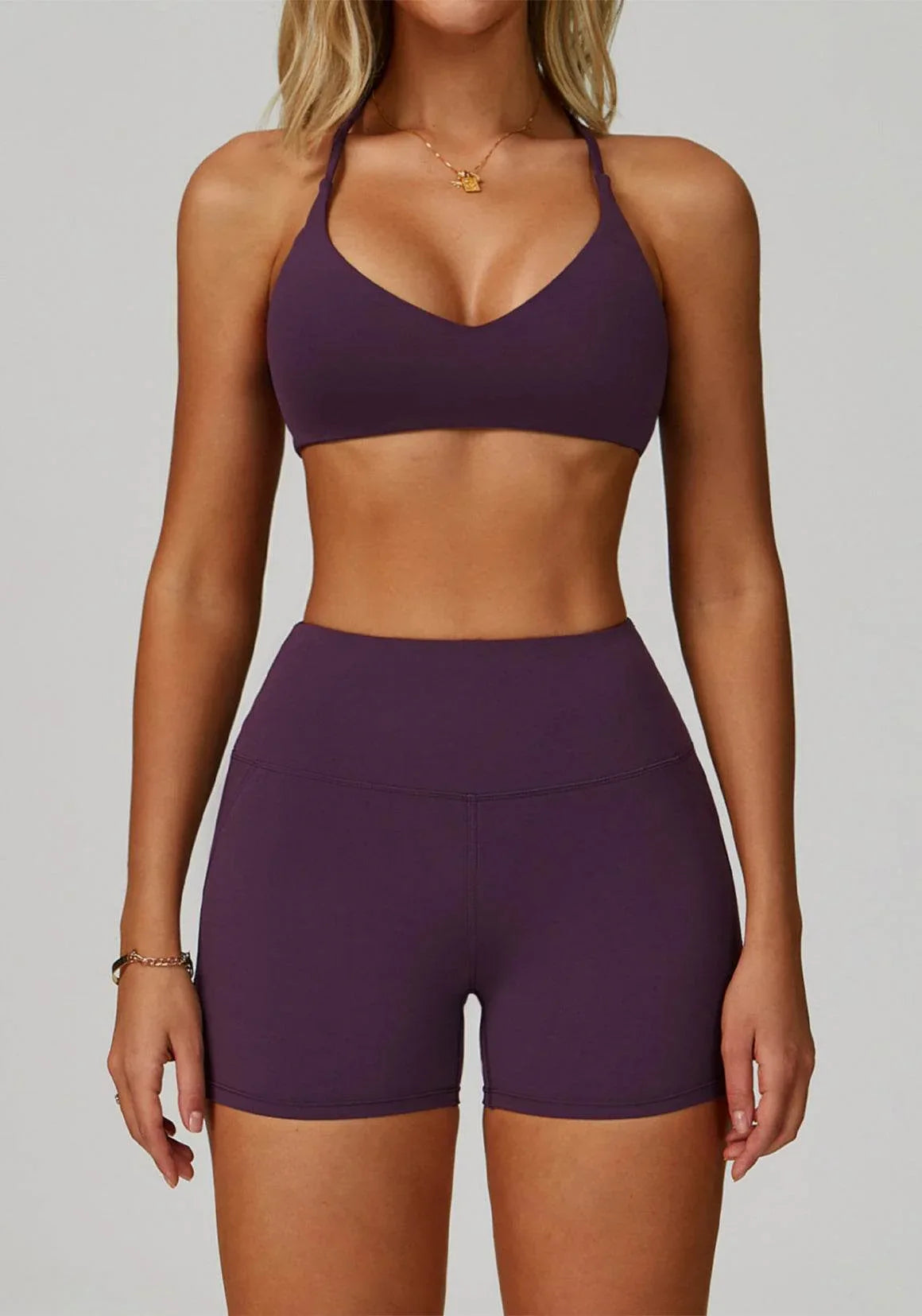 Activewear Set with Cross Back Sports Bra and Short - Purple