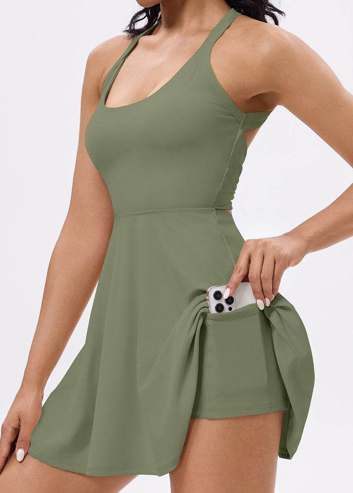 Back Twisted Athletic Dress with Built in Shorts