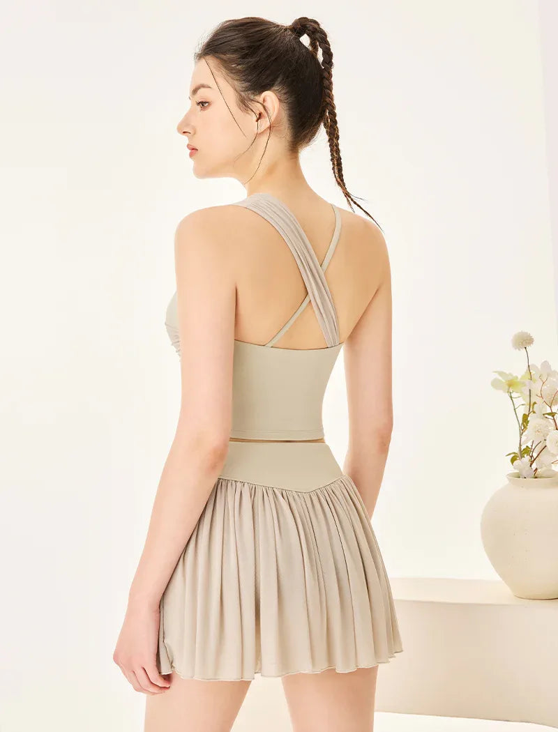 Mesh Tennis Set with Asymmetrical Strap Tank Top and Skirt -