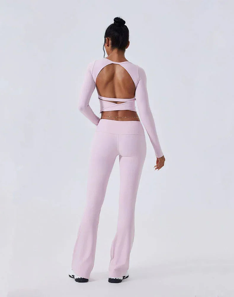 Activewear Set with Backless Top and Low-Waisted Flare Pant -