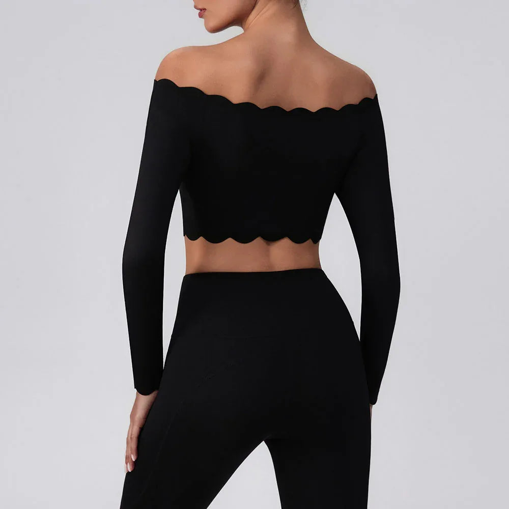 Off Shoulder Crop Tops Long Sleeve Shirt with Removable Cups -