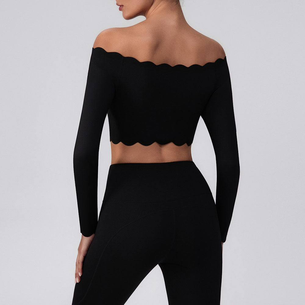 Off Shoulder Crop Tops Long Sleeve Shirt with Removable Cups