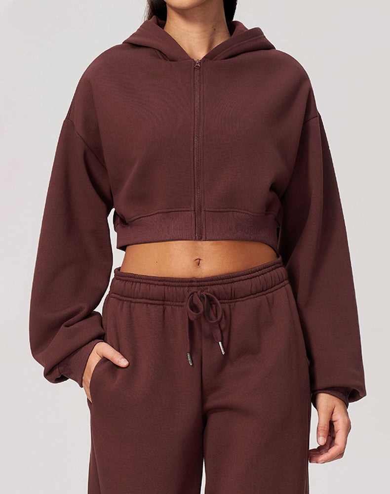 Long Sleeve Full Zip Cropped Casual Hooded