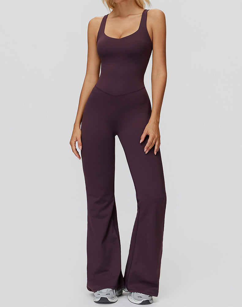 Cross Back One Piece Jumpsuit Yoga Flare Leg Rompers