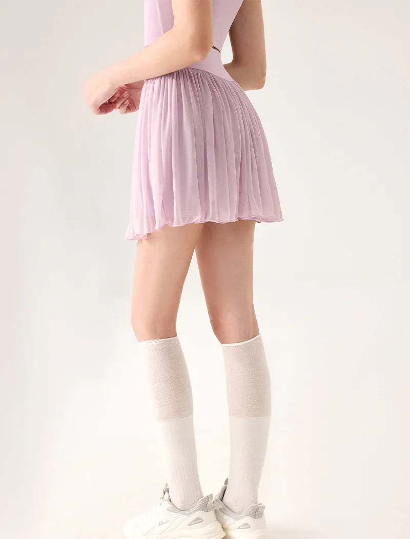 Mesh Sheer Pleated Skirt Tulle Skirt with Short and Pocket