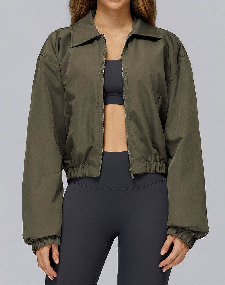 Stand Collar Casual Jacket Long Sleeve Tight Hem Crop Tops -