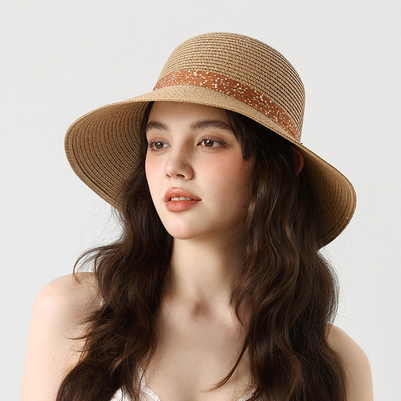 Summer Beach Sun Protection Straw Hat with Floral Bowknot