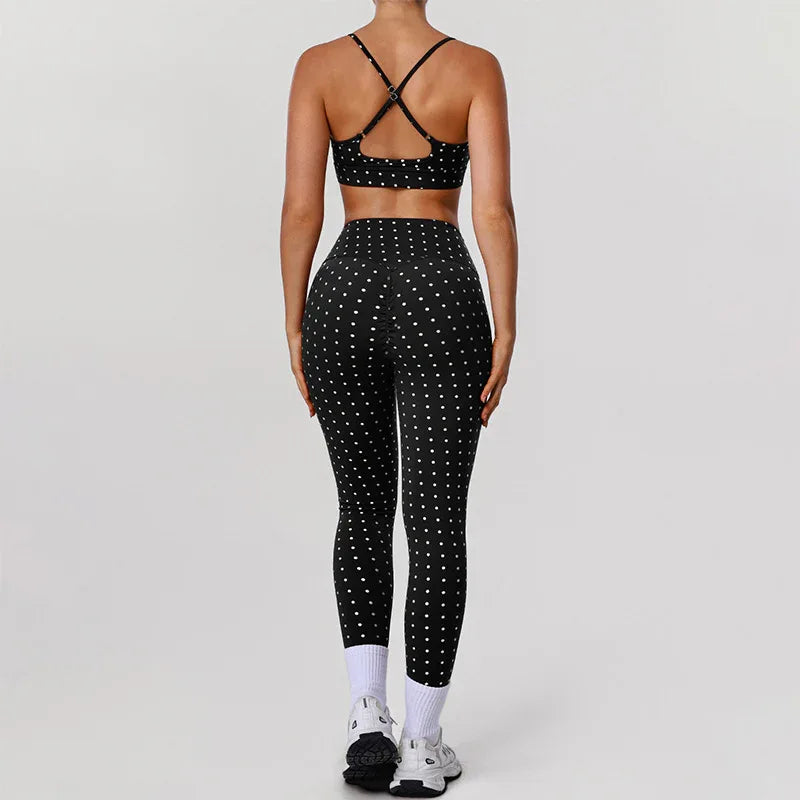 Silver Polka Dot Activewear Sets with Sports Bra and Legging -