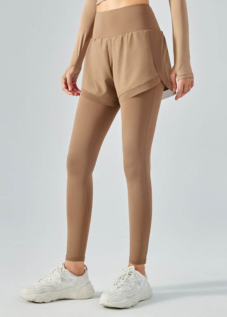 False Two Pieces Sports Leggings with Pockets Shorts