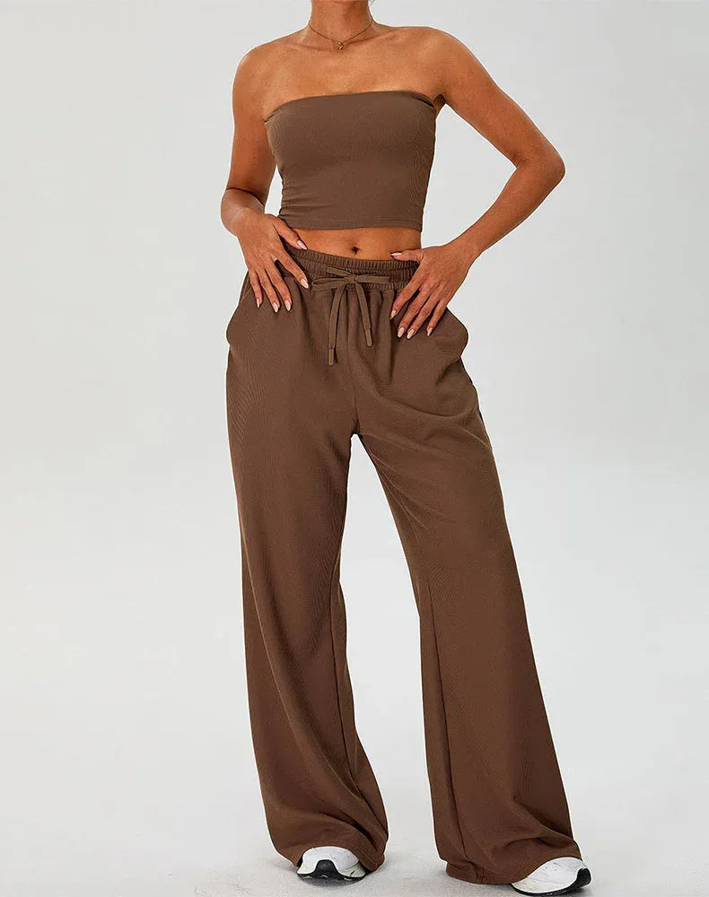 Activewear Set with Strapless Crop Tube Top and Sweatpant -