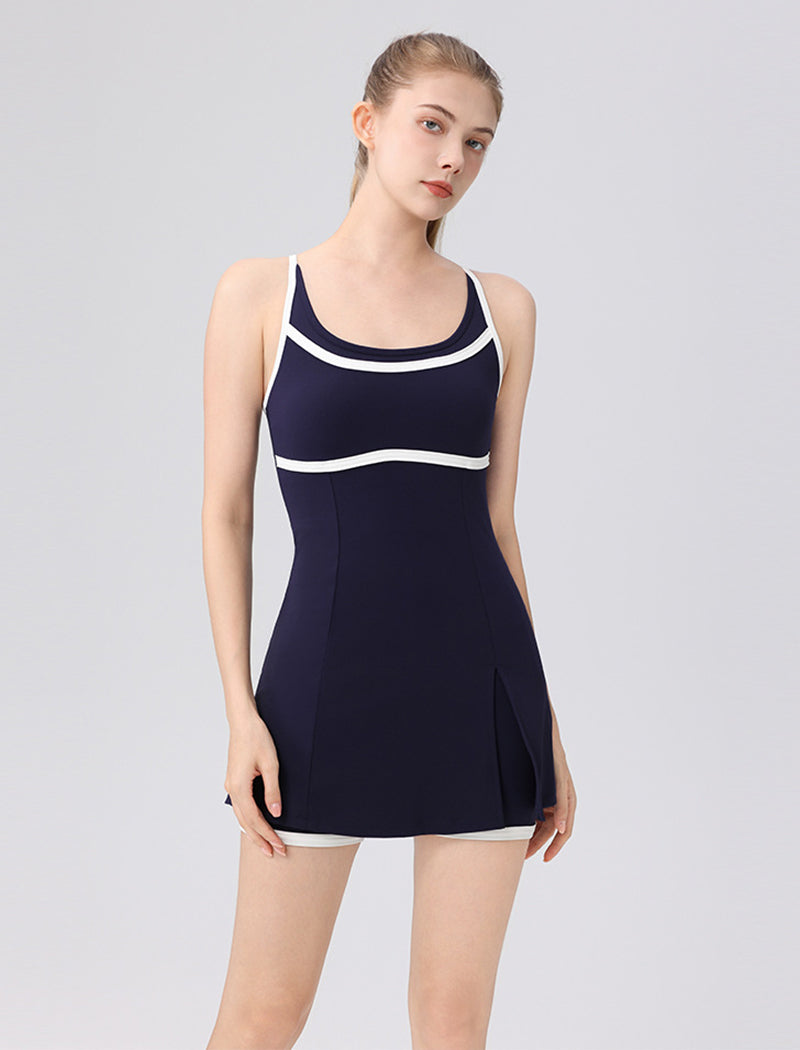 Workout Tennis Golf Mini Dress with Built-in Bra and Shorts - Dark Blue