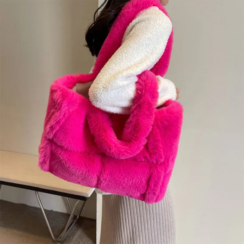 Winter Soft Plush Shoulder Handbag Bag Large Fluffy Tote Bag -