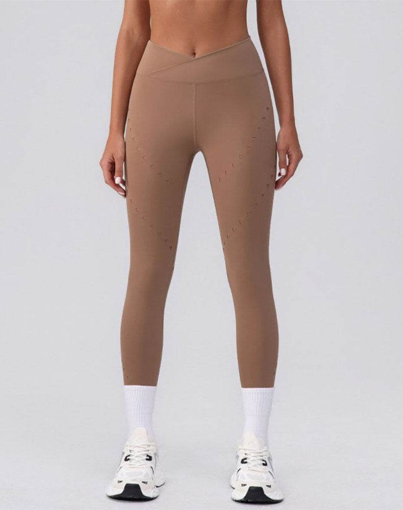 High Waist Tummy Control Hollow Out Yoga Leggings - Khaki