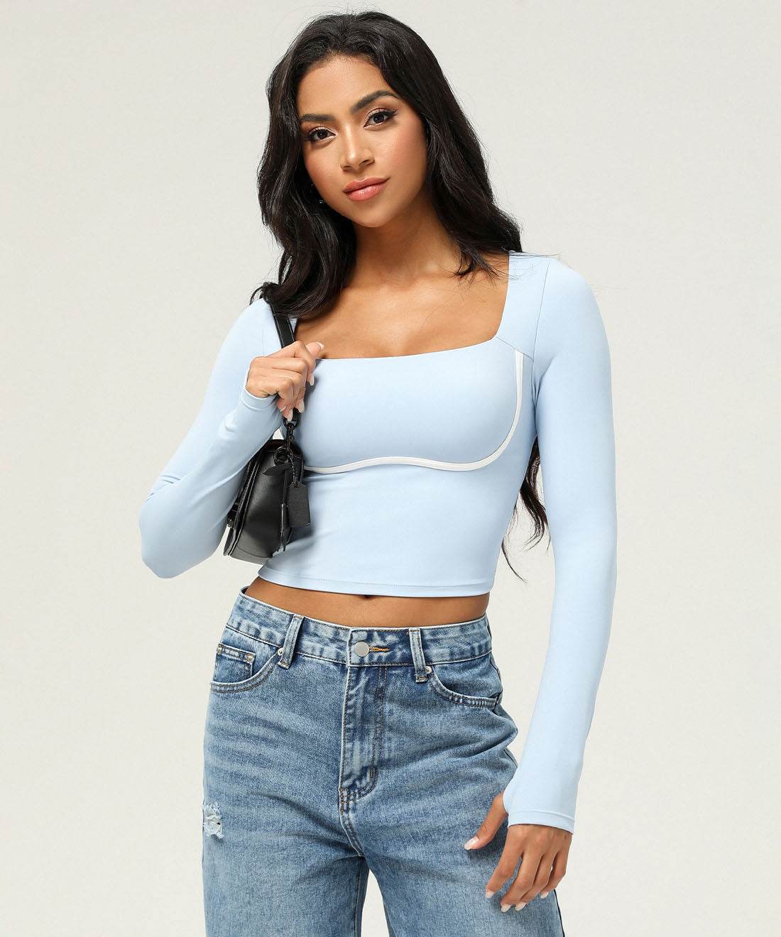Square Neck Long Sleeve Slim Fitted Crop T-Shirt