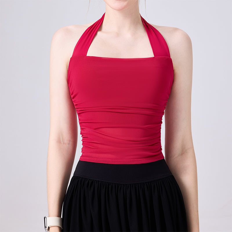 Halter Mesh Crop Tank Top Backless Slim Fit Sleeveless Shirt - Wild Berry