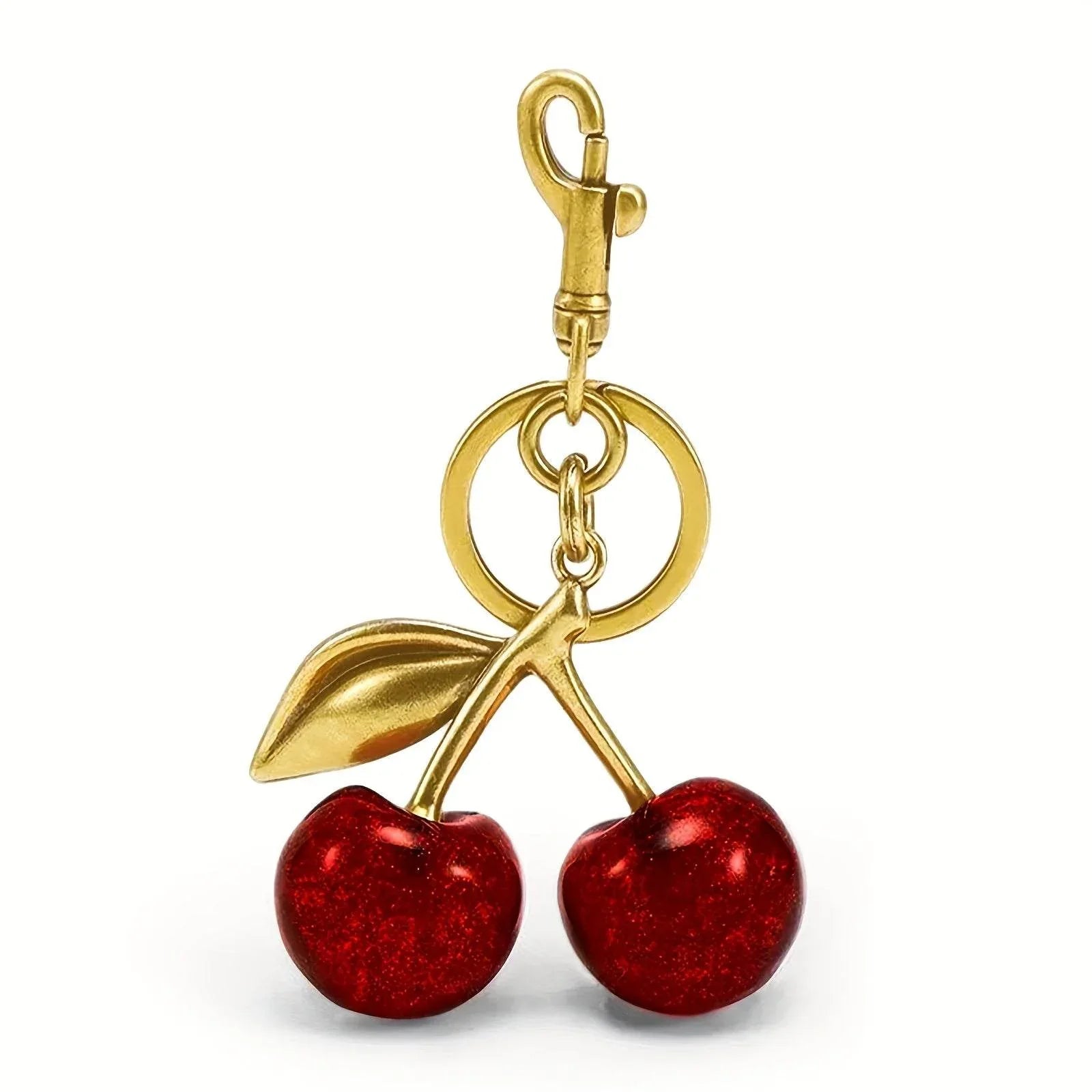 Glitter Metal Cherry Charm Keychain - Red