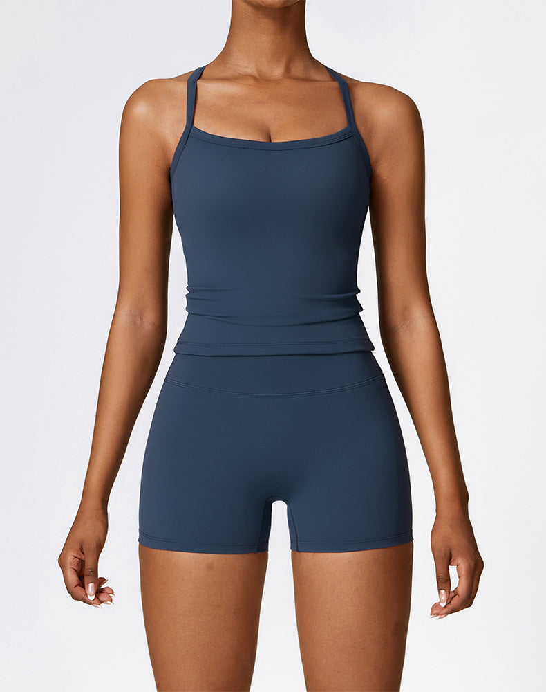 Athletic Wear with Criss Cross Back Tank Top and Short - Badge Blue