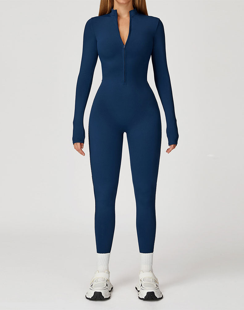 Long Sleeve Workout Jumpsuit Zip Up One Piece Bodysuit