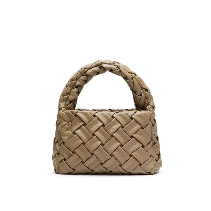 Trendy Woven Tote Bag With Chain - Khaki