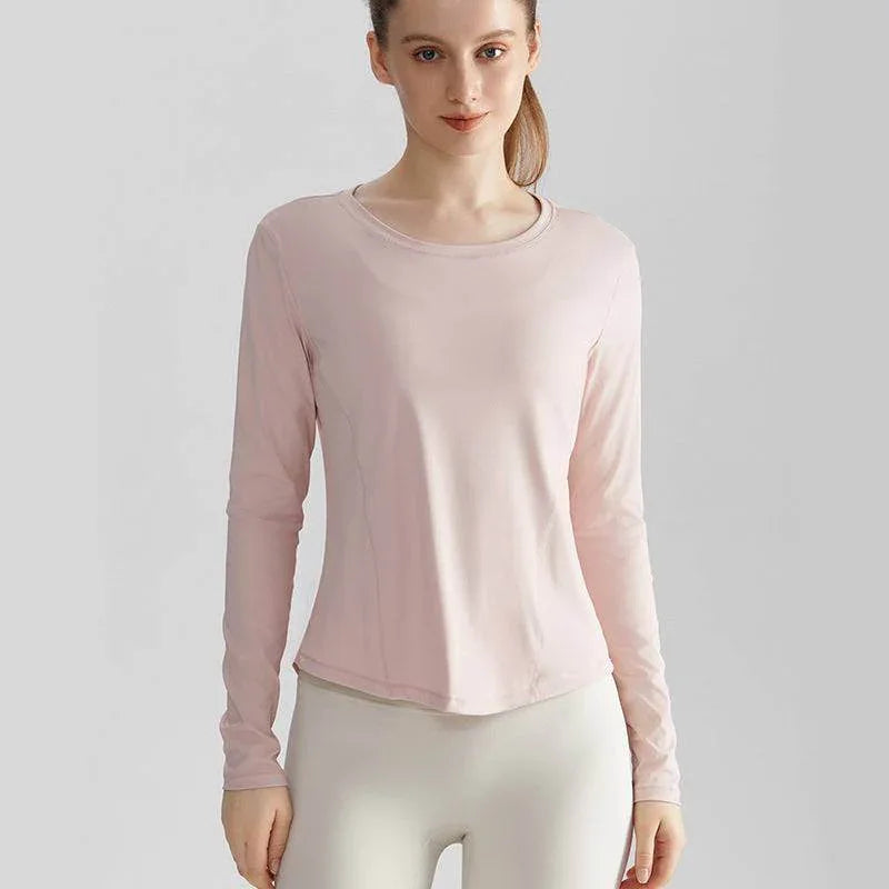 Long Sleeve Round Neckline Yoga T-Shirt - Pink