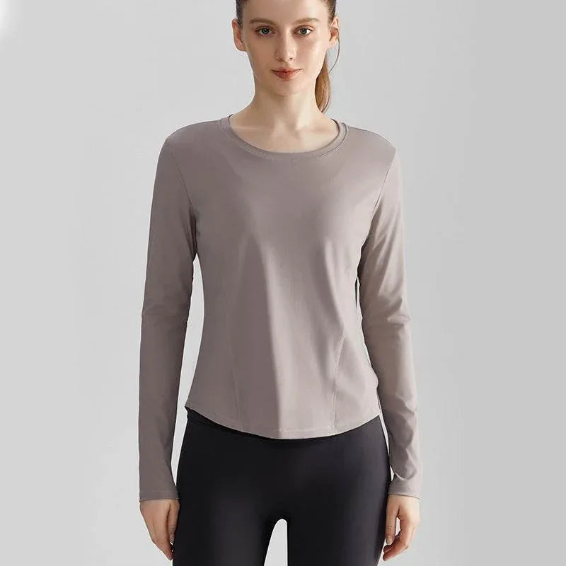 Long Sleeve Round Neckline Yoga T-Shirt - Khaki