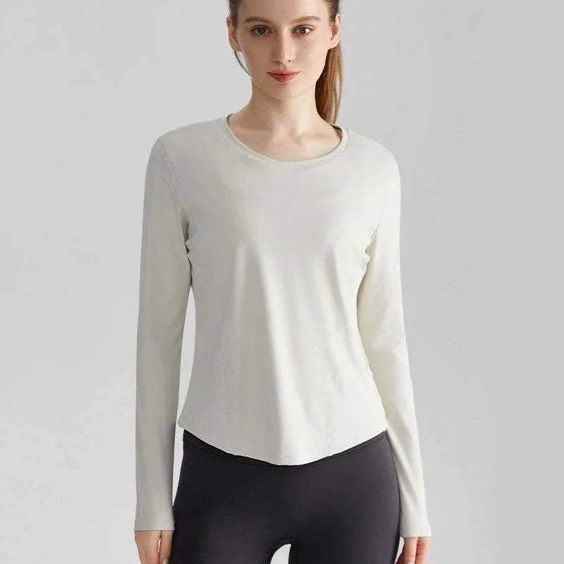Long Sleeve Round Neckline Yoga T-Shirt - White