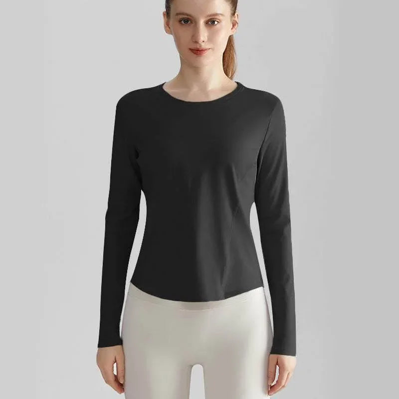 Long Sleeve Round Neckline Yoga T-Shirt - Black