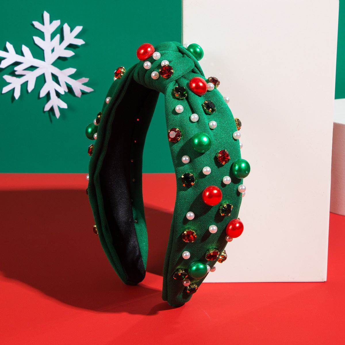Christmas Knotted Headband with Embellished Crystals and Pearls