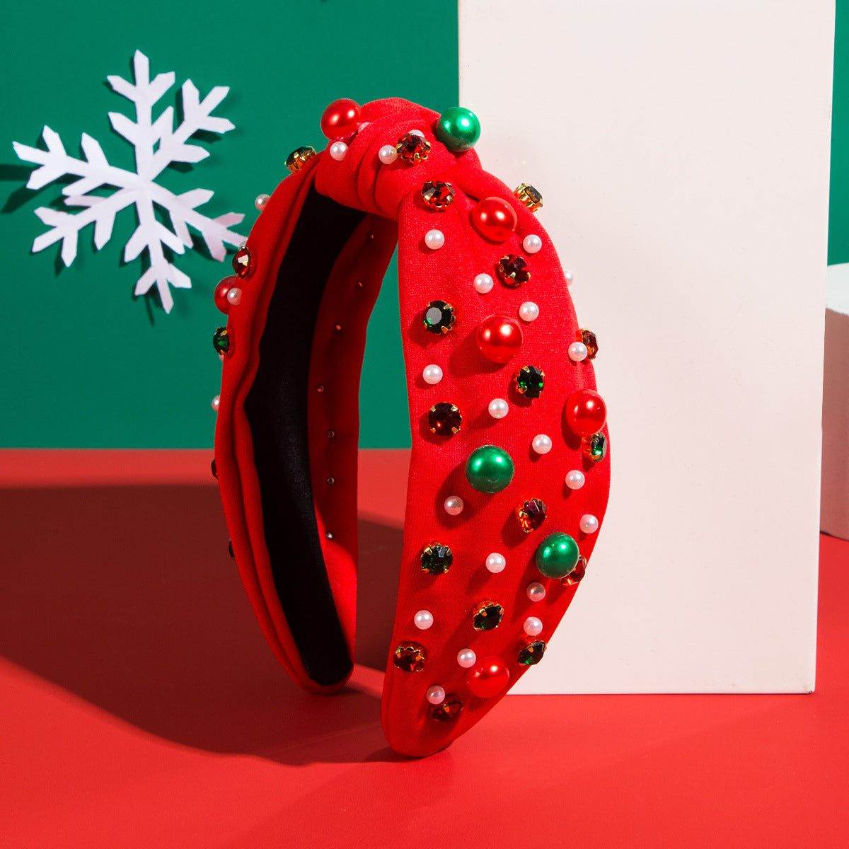 Christmas Knotted Headband with Embellished Crystals and Pearls