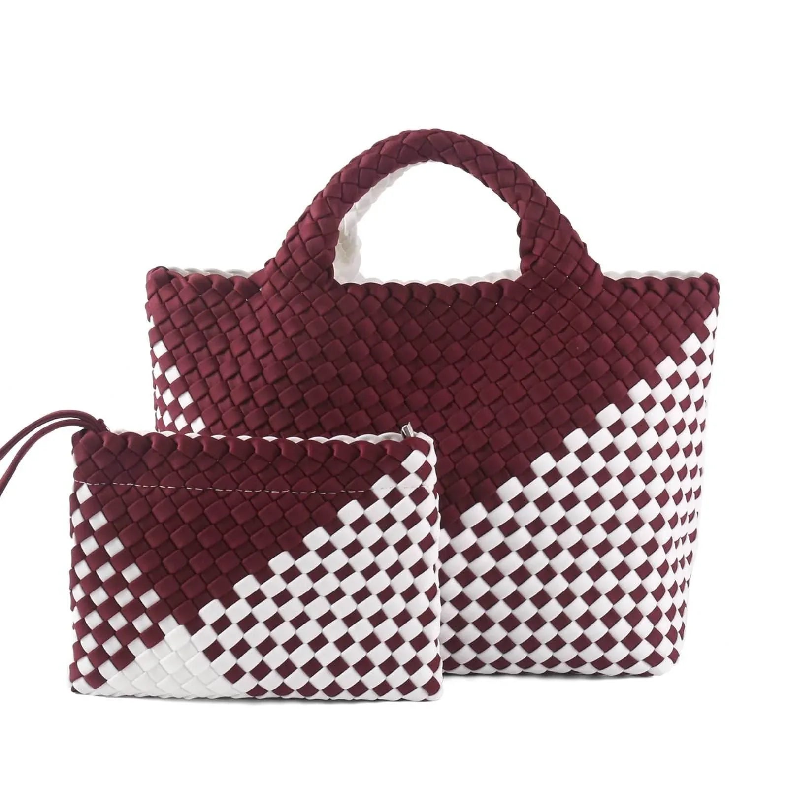Handmade Woven Tote Bag Neoprene Handbag - Burgundy