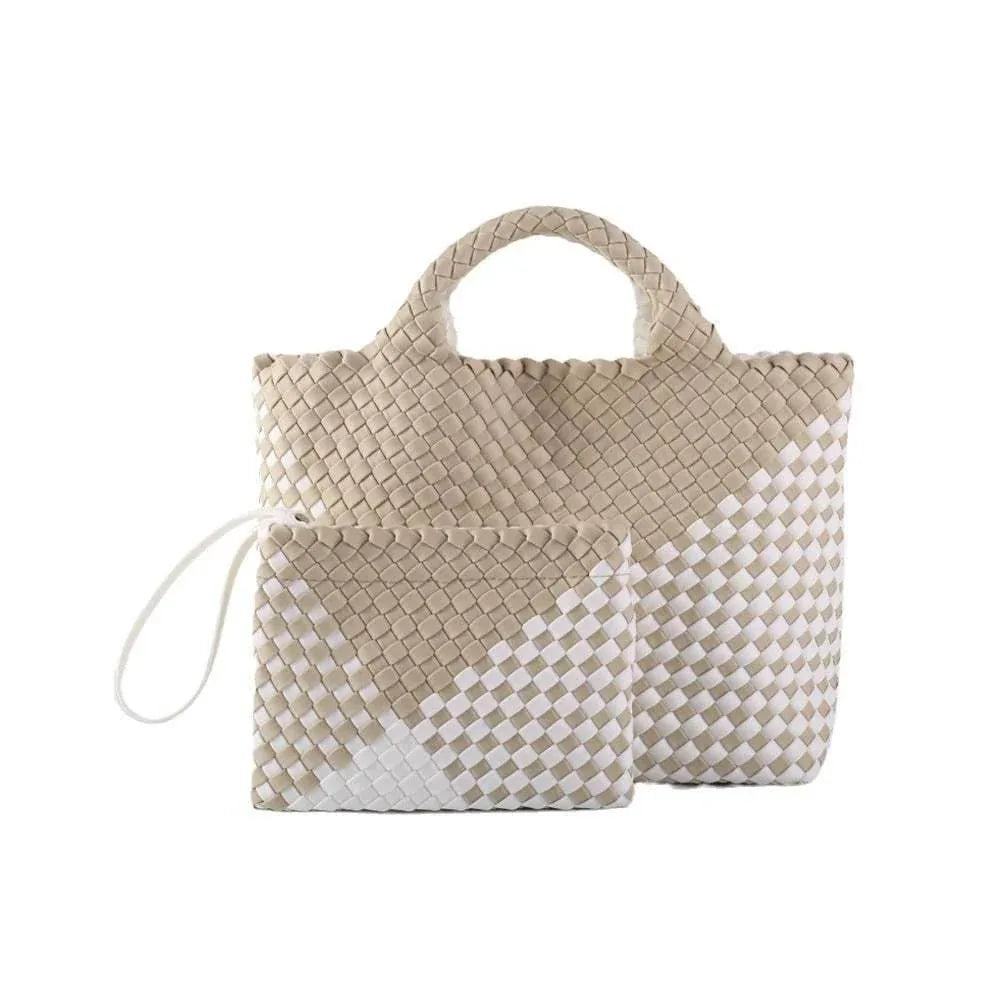 Handmade Woven Tote Bag Neoprene Handbag - Light Apricot