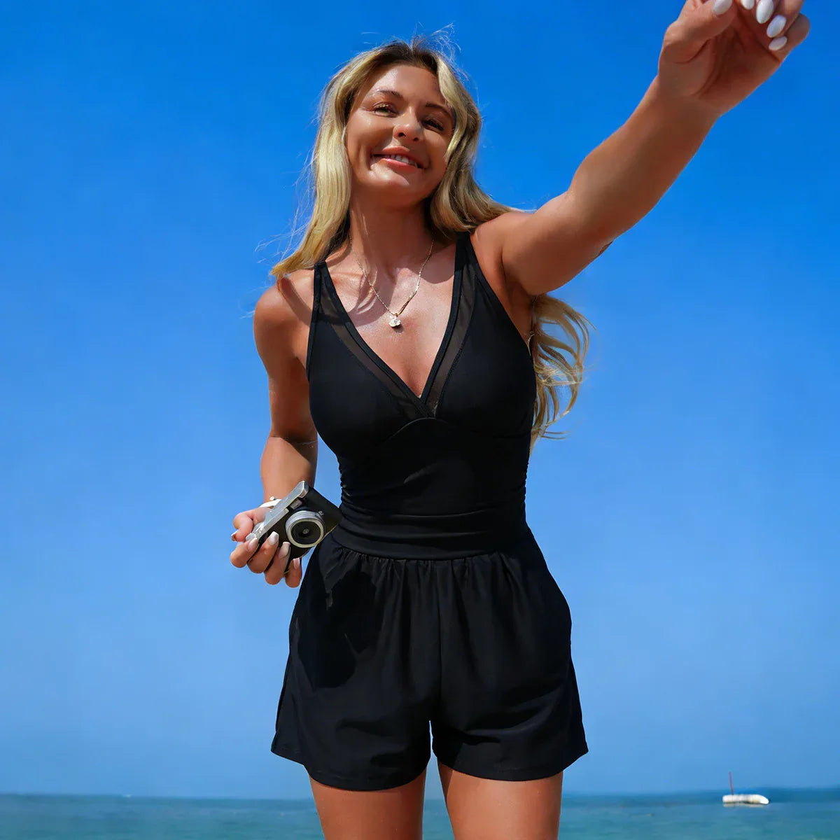V Neck Swimwear One Piece Swimsuit with Short and Pocket -