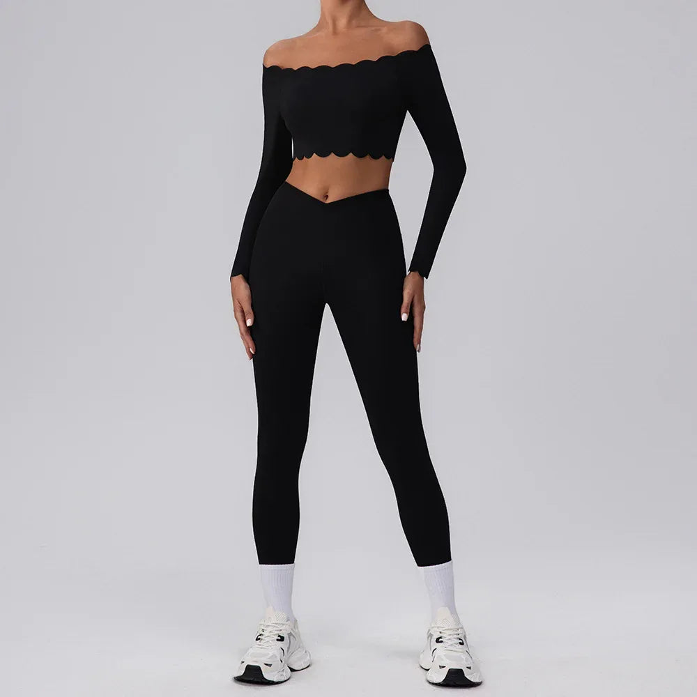 Activewear Sets with Off Shoulder Crop Tops and Leggings - Black