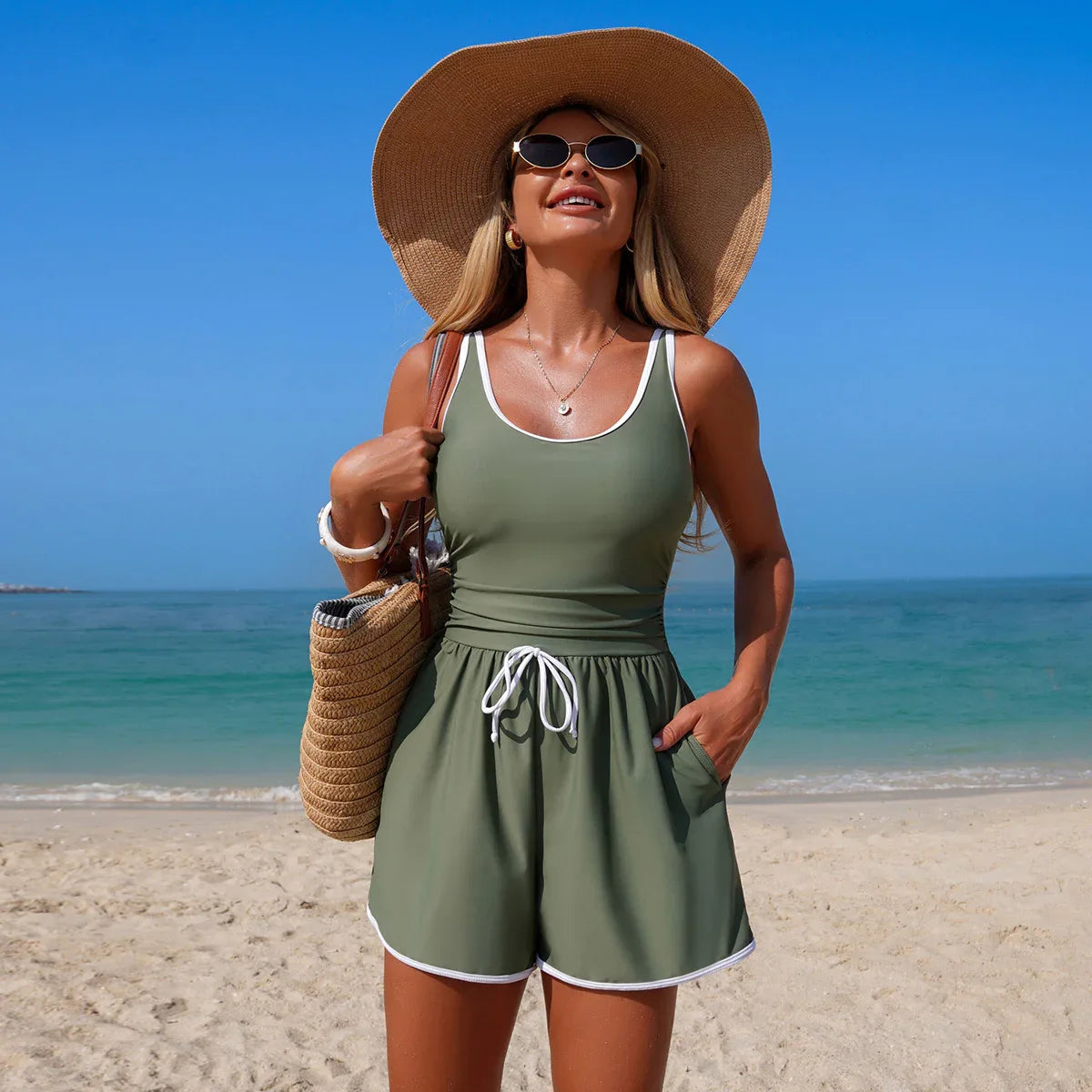 Drawstring Romper One Piece Swimsuits with Short and Pocket - Military Green