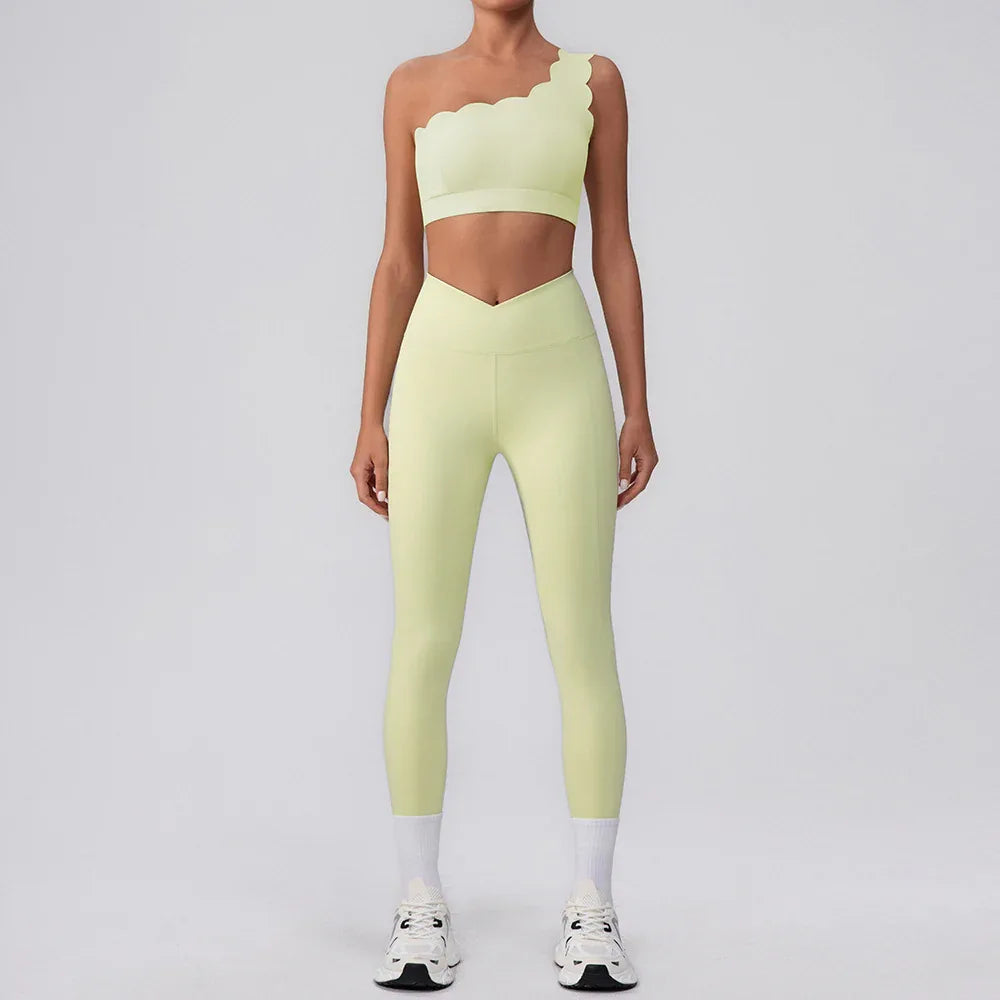 Activewear Sets with One Shoulder Sports Bra and Leggings - Yellow
