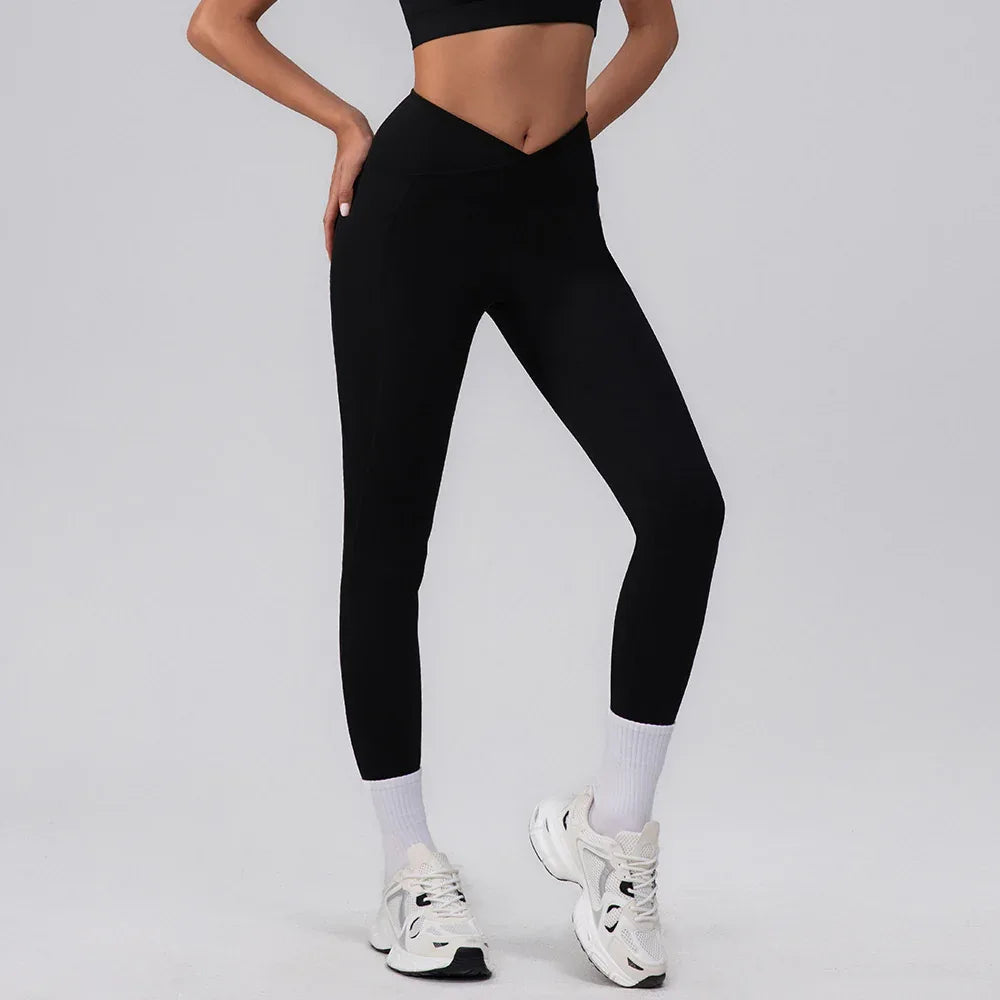 V Cross High Waist Butt Lifting Workout Leggings - Black