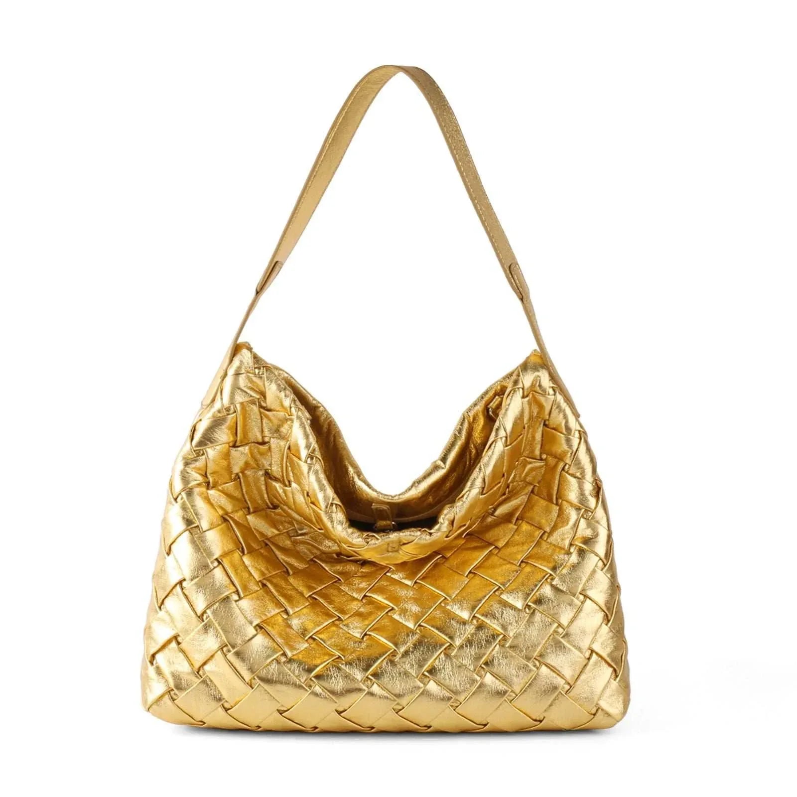 Vegan Leather Woven Tote Bag - Gold
